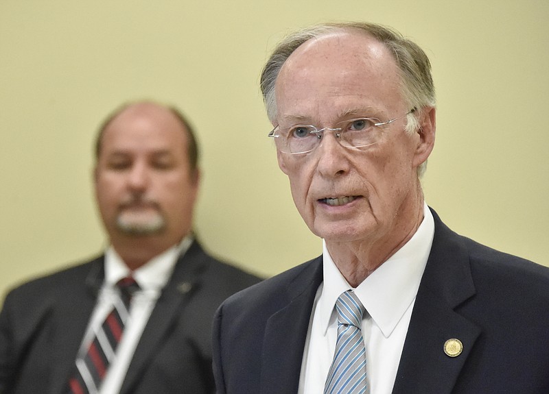 Alabama Gov. Robert Bentley speaks during a news conference at Limestone Correctional Facility in Harvest, Ala., Monday, April 4, 2016. Bentley says he is asking people for their forgiveness after his admission of inappropriate behavior with a former top aide. (Bob Gathany/AL.com via AP)