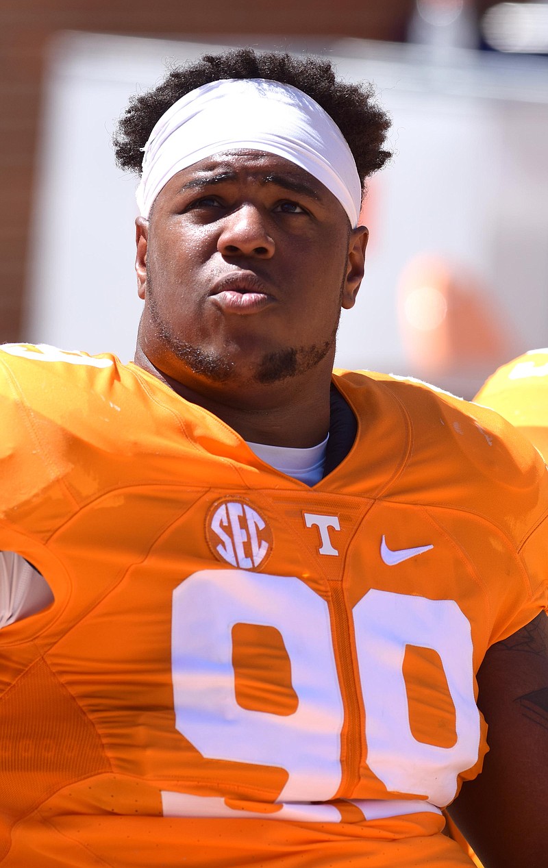 Defensive lineman Kahlil McKenzie (99) takes a break on the bench.  The University of Tennessee Orange/White Spring Football Game was held at Neyland Stadium in Knoxville on April 16, 2016.