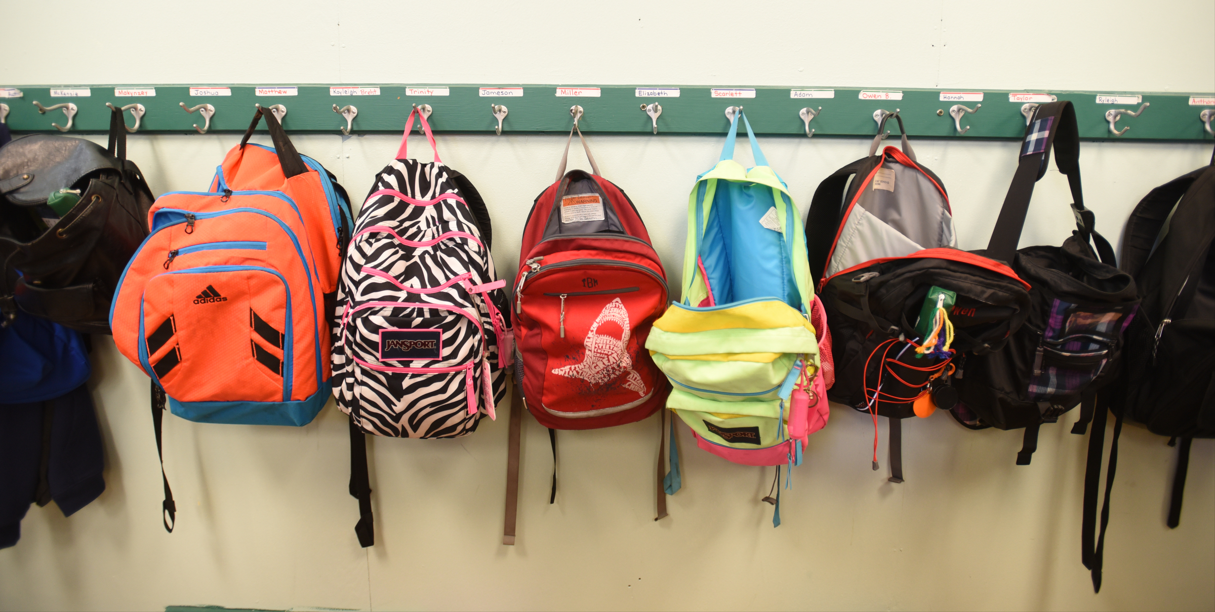 Backpacks line the wall in Vicki Scarbrough's third grade classroom Wednesday, April 13, 2016 at Falling Water Elementary School.