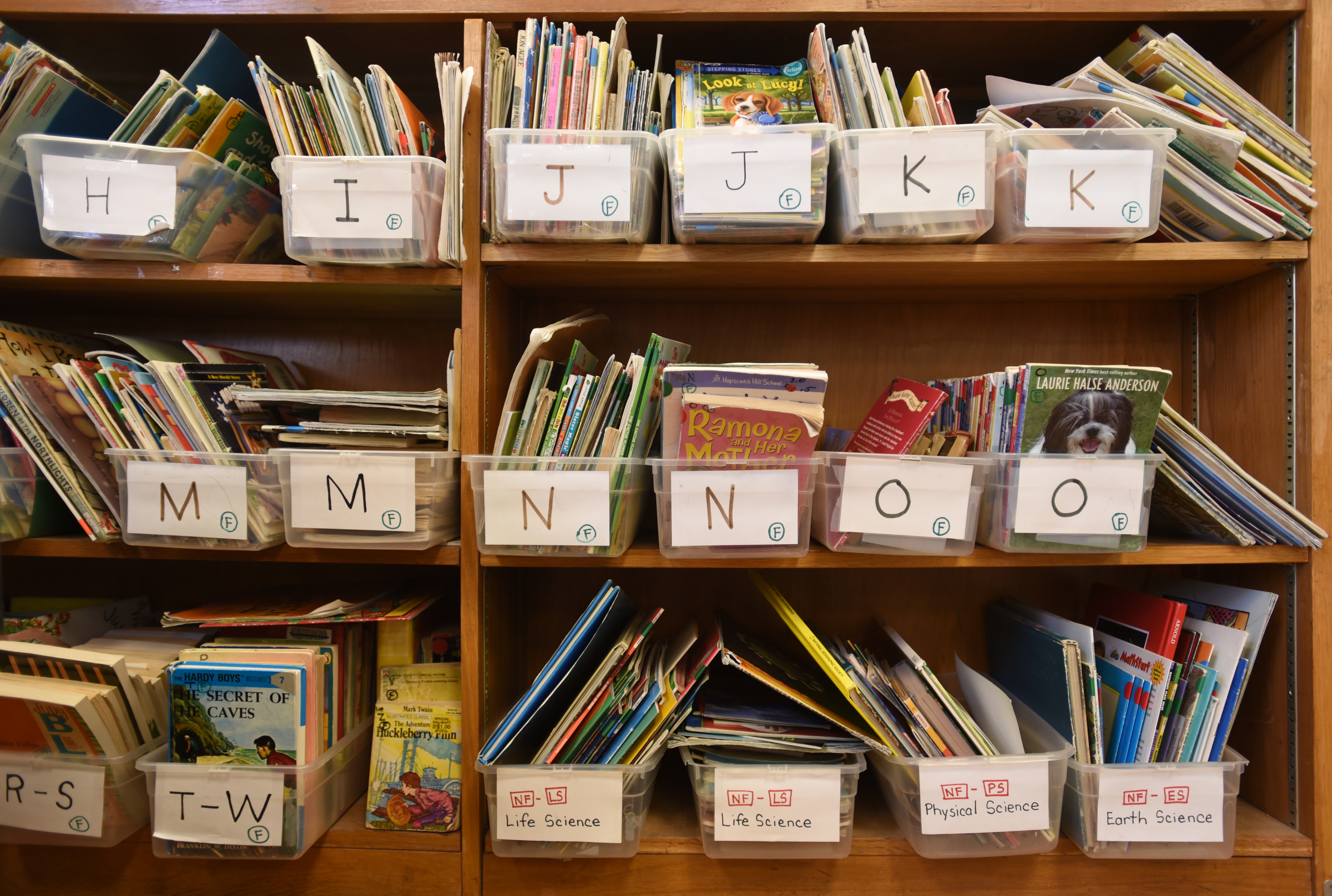 Bins of books fill shelves in Vicki Scarbrough's third-grade classroom Wednesday, April 13, 2016 at Falling Water Elementary School.