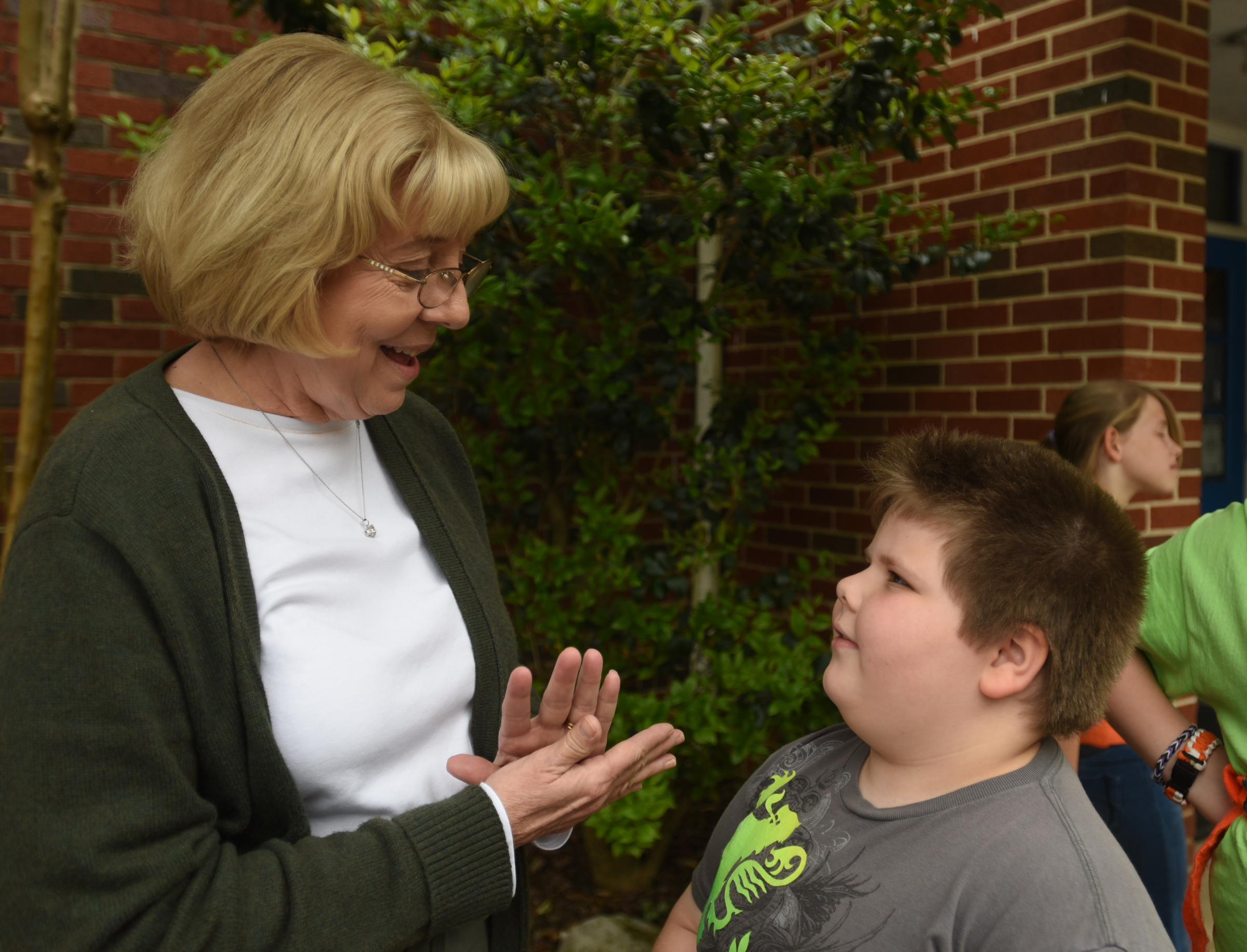 Principal Lea Ann Burk talks with Patrick Parrish Wednesday, April 13, 2016 at Falling Water Elementary School.
