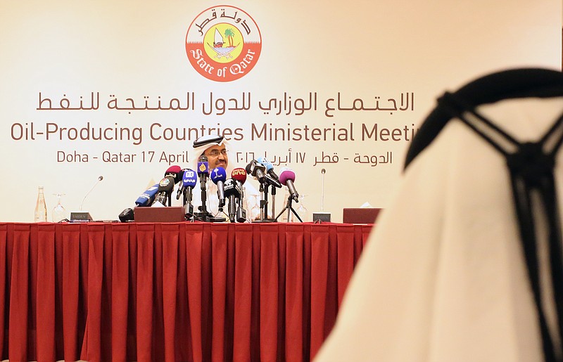 
              Mohammed bin Saleh al-Sada, Qatar's energy and industry minister, addresses journalists at the end of a summit in Doha, Qatar, on Sunday, April 17, 2016. Oil-rich nations at a Qatar summit failed to reach an agreement Sunday on a production freeze, saying officials needed "more time" to make the decision as Iran stayed home and vowed to keep pumping. (AP Photos/Jon Gambrell)
            