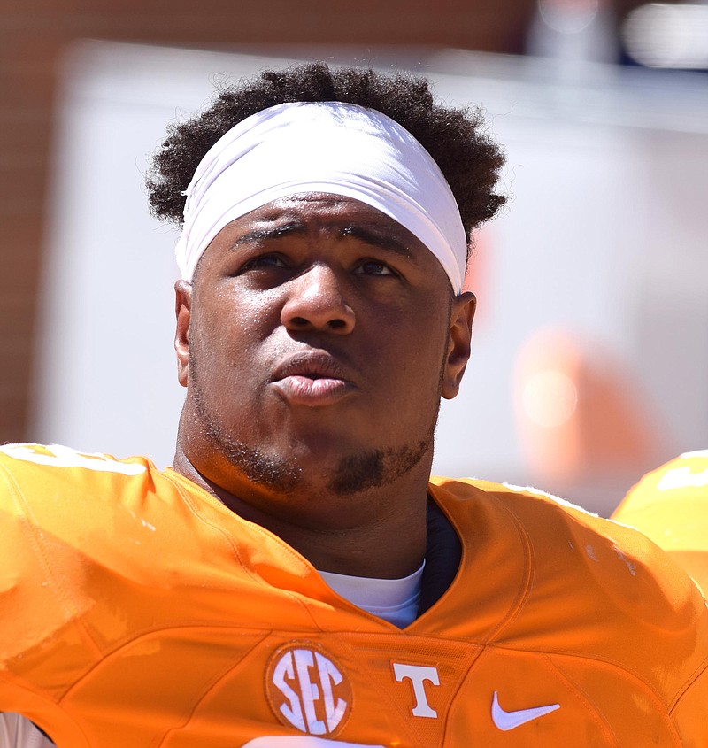 Defensive lineman Kahlil McKenzie (99) takes a break on the bench. The University of Tennessee Orange/White Spring Football Game was held at Neyland Stadium in Knoxville on April 16, 2016.