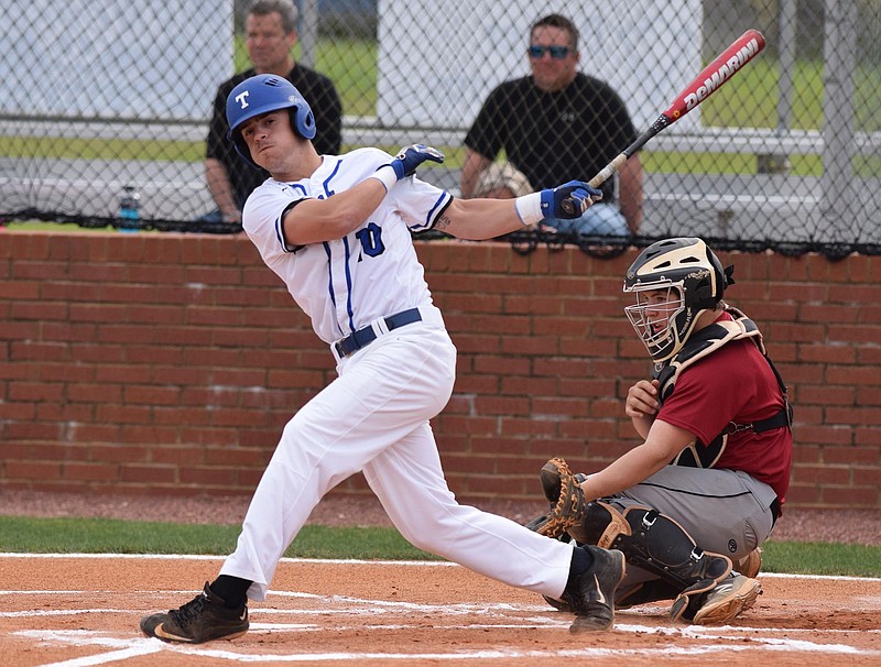 Trion's Gabe Howell (10) follows through on a foul ball in first inning action.  The Christian Heritage Lions visited the Trion Bulldogs in GHSA baseball action on April 19, 2016