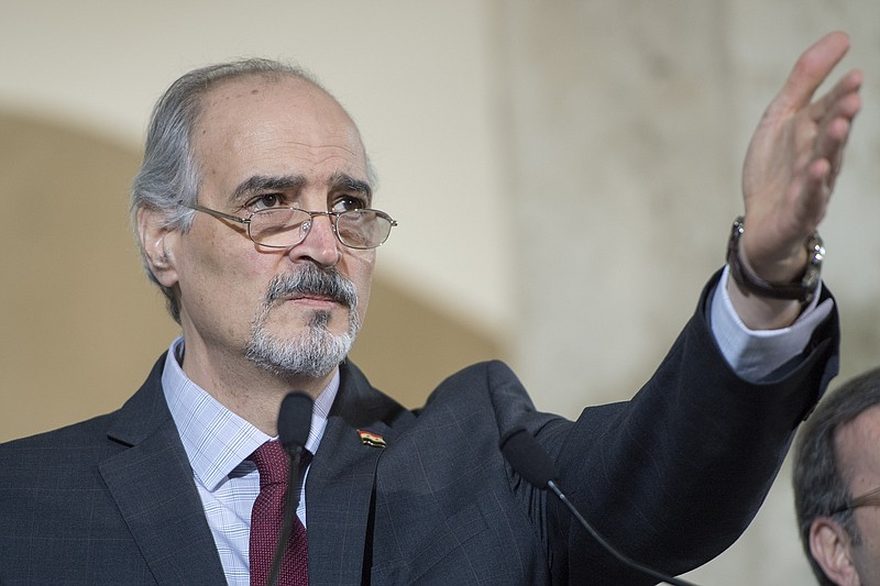 
              Syrian chief negotiator Bashar al-Jaafari, Ambassador of the Permanent Representative Mission of Syria to the UN, speaks to the media during a press conference after a round of Syrian peace talks at the United Nations in Geneva, Switzerland, Wednesday, April 20, 2016. (Martial Trezzini/Keystone via AP)
            
