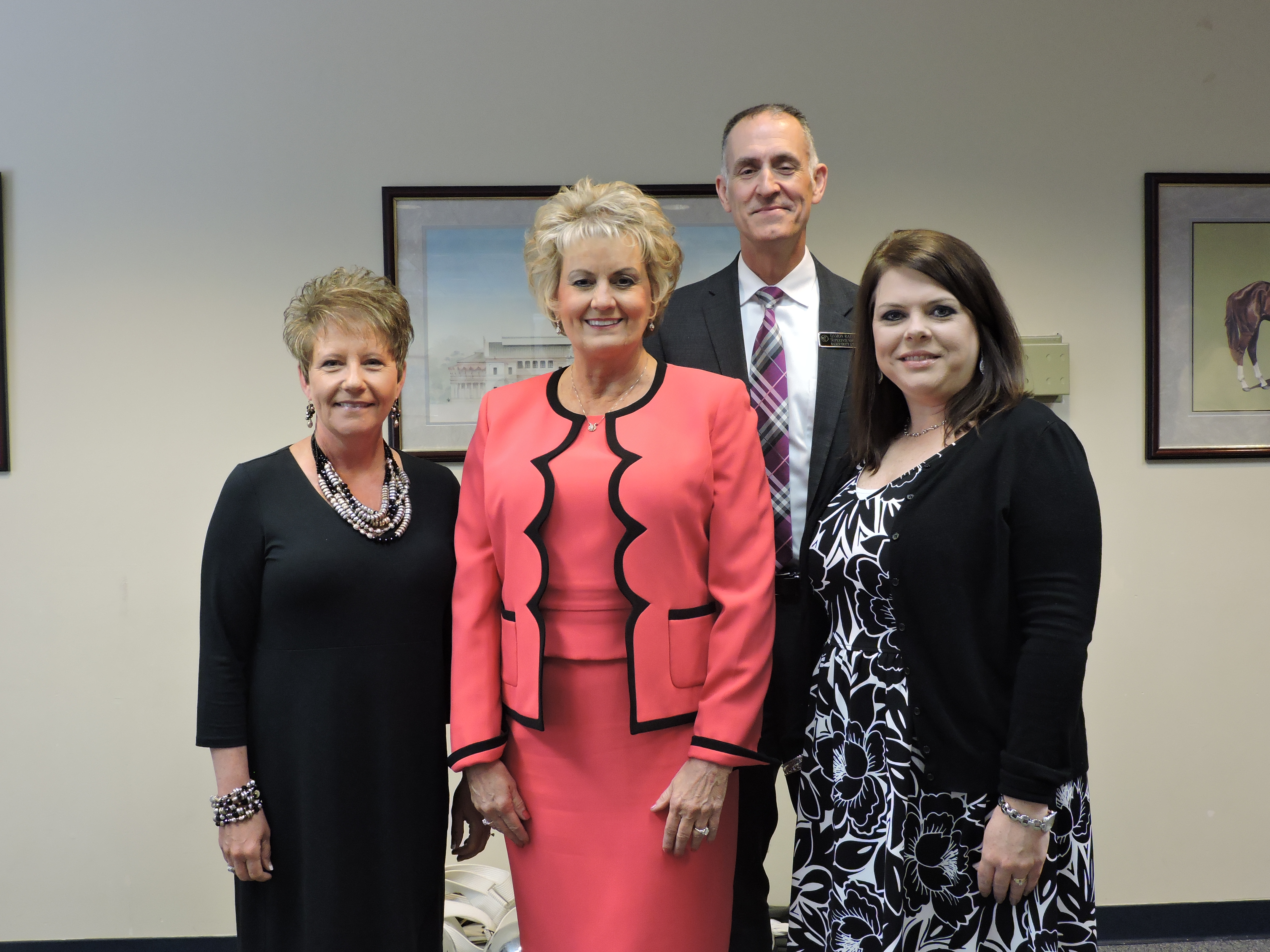 From left are Fort Oglethorpe Kiwanis Club Distinguished Service Award recipients Catoosa County Schools Superintendent Denia Reese, Chickamauga City Schools Superintendent Melody Day and Walker County Schools Superintendent Damon Raines along with award presenter Alice Holsopple, Fort Oglethorpe Kiwanis Club president.