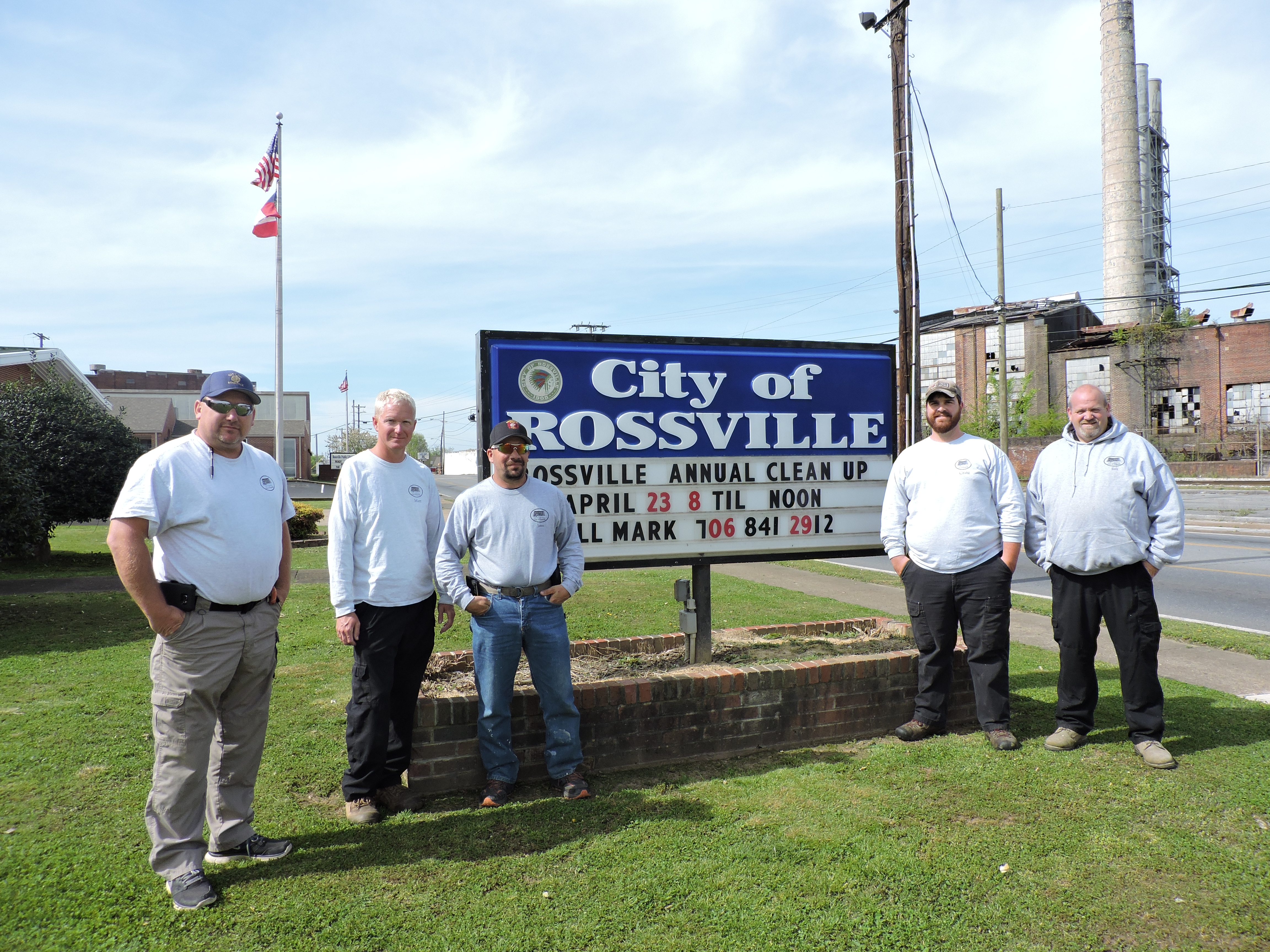 Rossville Public Works Director Mark Harris, Matthew Carden, James White, Craig Sylar and Jerry Brooks, from left, are ready for the city's Cleanup Day, but hope citizens will volunteer to help with the citywide cleanup on April 23.