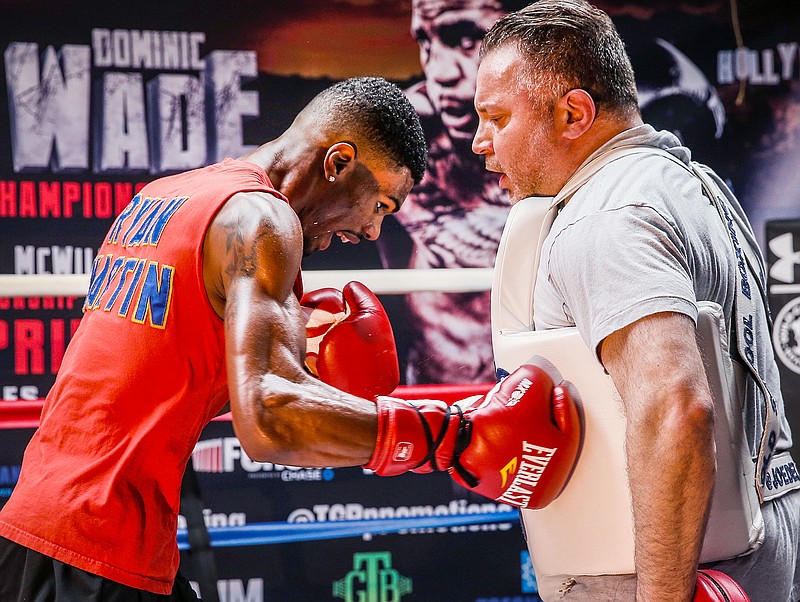 Chattanooga native Ryan Martin, left, takes part in an open media workout Wednesday at the Wild Card West Gym in Santa Monica, Calif. He's boxing Saturday at The Forum in Inglewood.