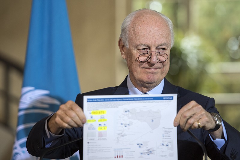 
              Staffan de Mistura, UN Special Envoy of the Secretary-General for Syria, speaks after the Update on Task Force for Humanitarian Access in Syria at the European headquarters of the United Nations, in Geneva, Switzerland, Thursday, April 21, 2016. (Martial Trezzini/Keystone via AP)
            