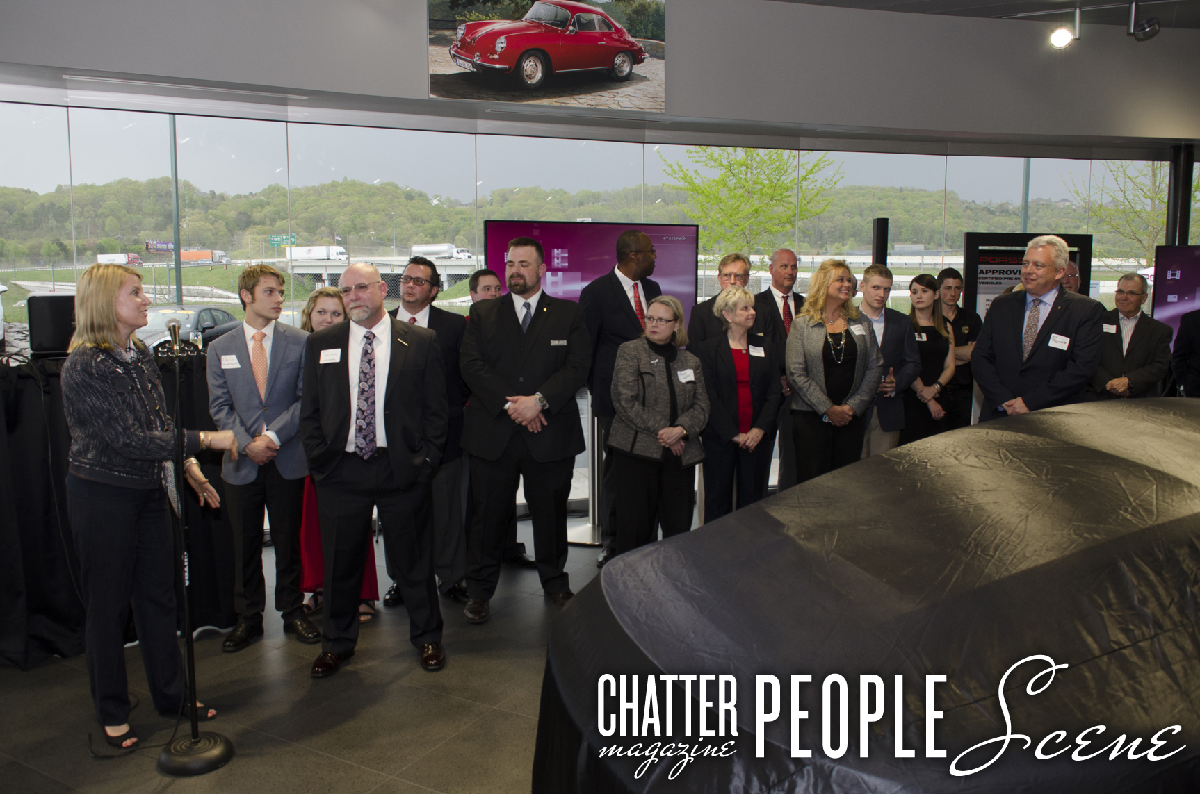 Lee Ann Furrow Tolsma addresses the Porsche staff