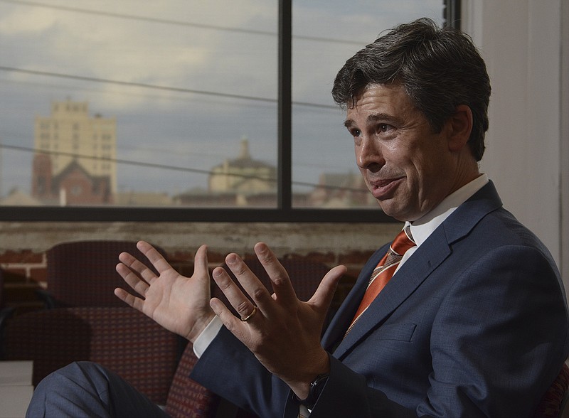 Chattanooga Mayor Andy Berke speaks to members of the Chattanooga Times Free Press editorial board Wednesday, May 20, 2015, in Chattanooga, Tenn.