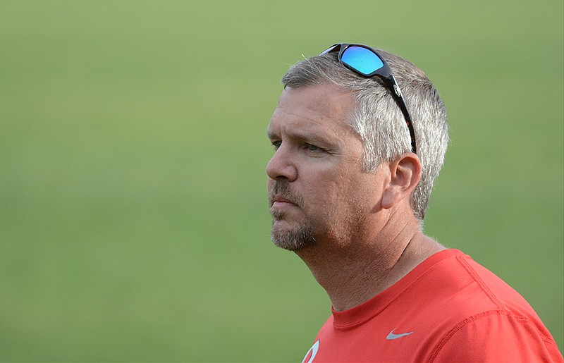 The Dalton High School soccer coach Matt Cheaves is seen on the sidelines at the Class AAAAA state semifinal soccer match against Greenbrier on Tuesday, May 12,  2015, in Dalton, Ga. 