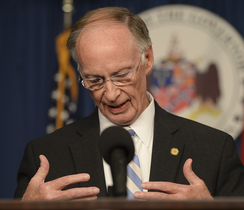 Alabama Gov. Robert Bentley responds to statements made by Spencer Collier, the former head of the Alabama Law Enforcement Agency, Wednesday on March 23, 2016, in Montgomery, Ala.