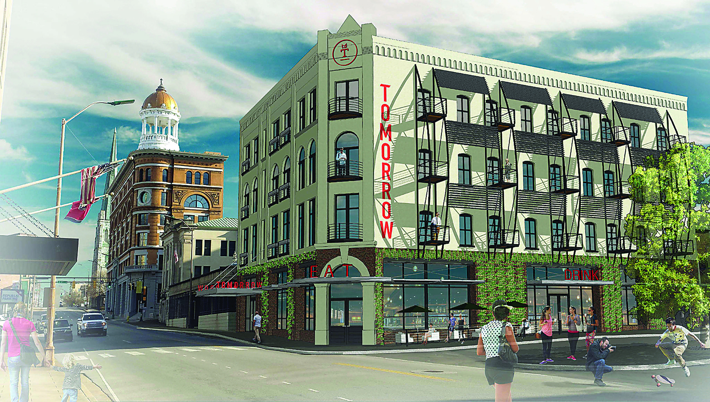 An architect's rendition of the exterior of the Tomorrow Building, the former Ross Hotel at Patten Parkway and Georgia Avenue, that's being renovated into 300-square-foot studio apartments.