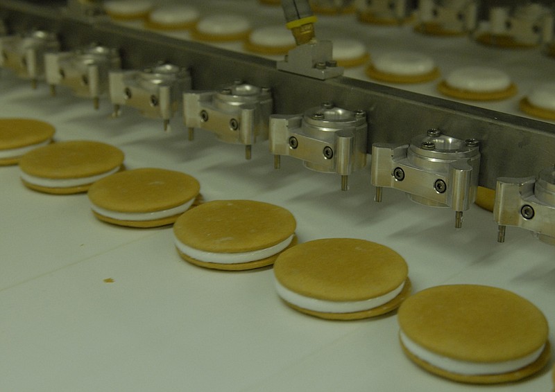 MoonPies are assembled at the MoonPie factory.