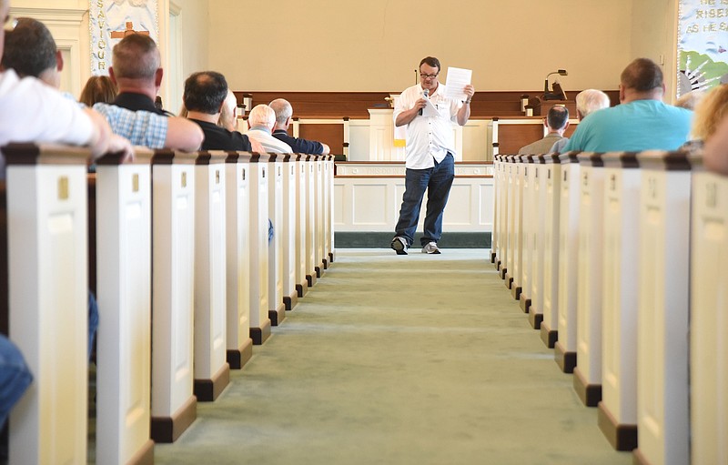 David Roden, owner of Mountain View Estates, speaks during an Improve Rossville Community Meeting Monday, April 25, 2016 at Simpson United Methodist Church in Rossville, Ga.