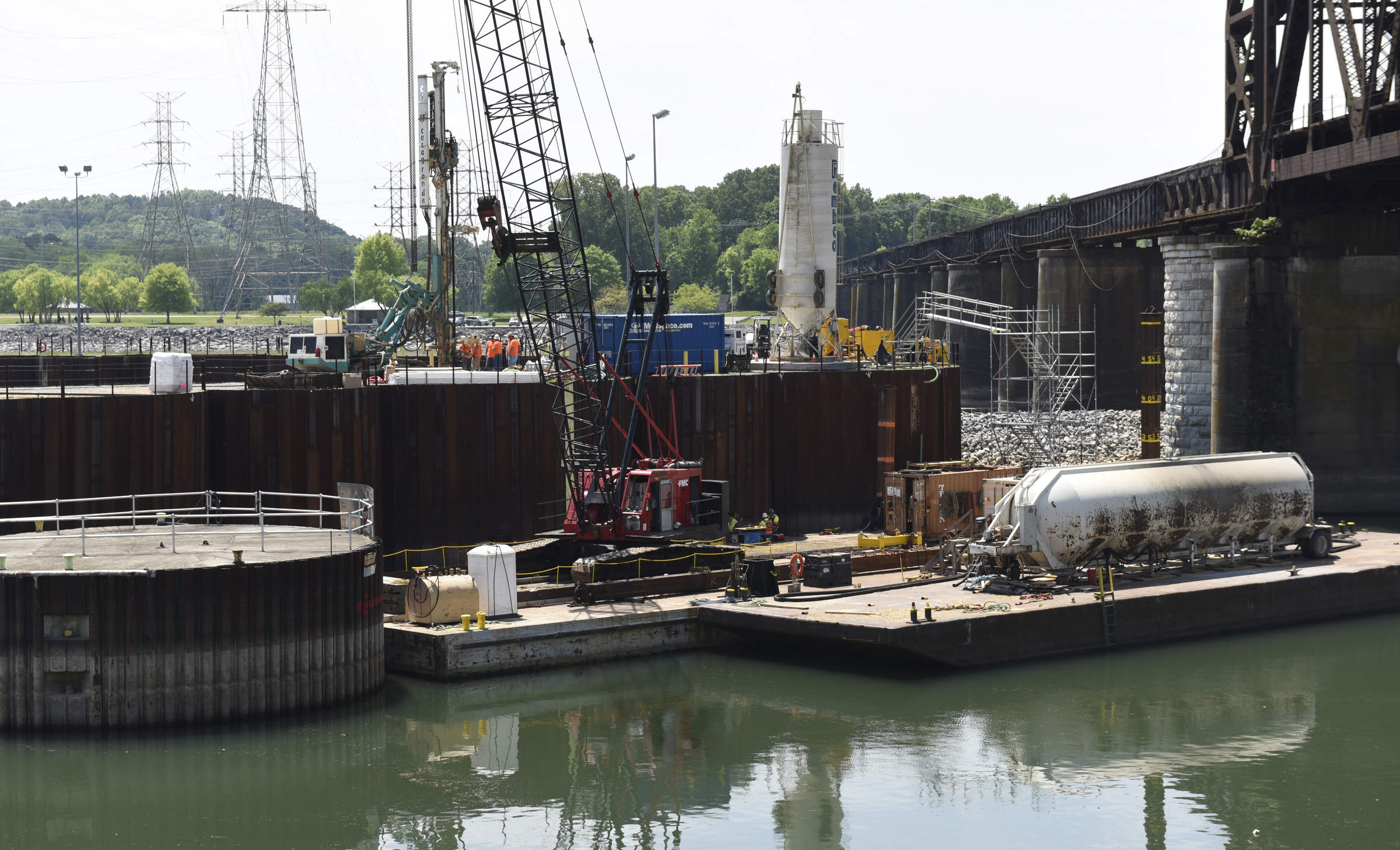 Stabilization of the cofferdam is underway at the Chickamauga Dam and lock project, seen on Monday, Apr. 25, 2016, in Chattanooga, Tenn.