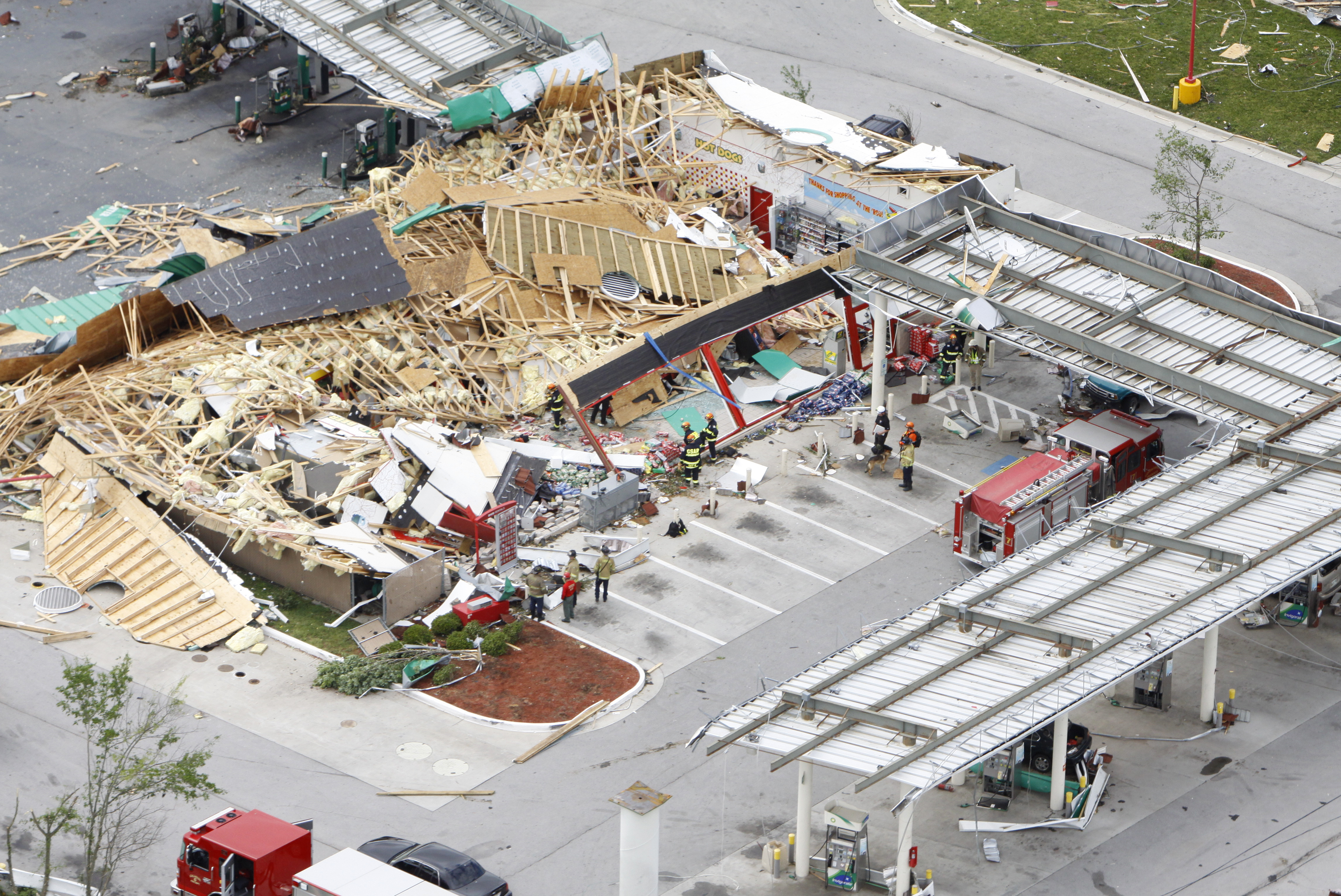 Staff photo by Dan Henry/Chattanooga Times Free Press - April 28, 2011. Emergency personnel perform search and rescue efforts at the BP gas station in downtown Ringgold, Ga., after overnight storms produced what is thought to be numerous tornadoes which touched down throughout the North Georgia and Chattanooga area Wednesday evening.