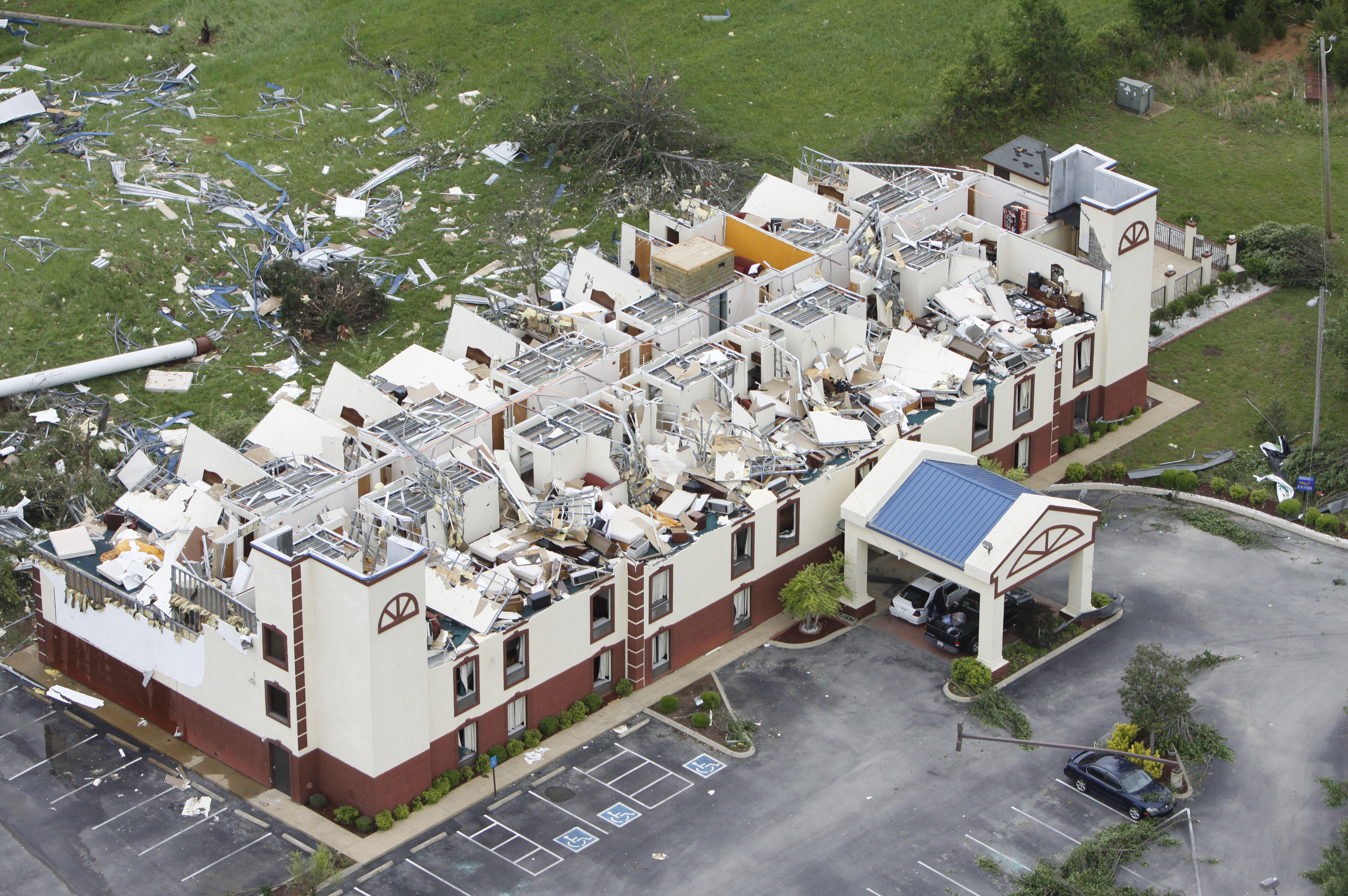 Staff photo by Dan Henry/Chattanooga Times Free Press - April 28, 2011. Remains of the Baymont Inn and Suites are scattered about near Ringgold, Ga., after overnight storms produced what is believed to be numerous tornadoes which touched down throughout the North Georgia and Chattanooga area Wednesday evening.