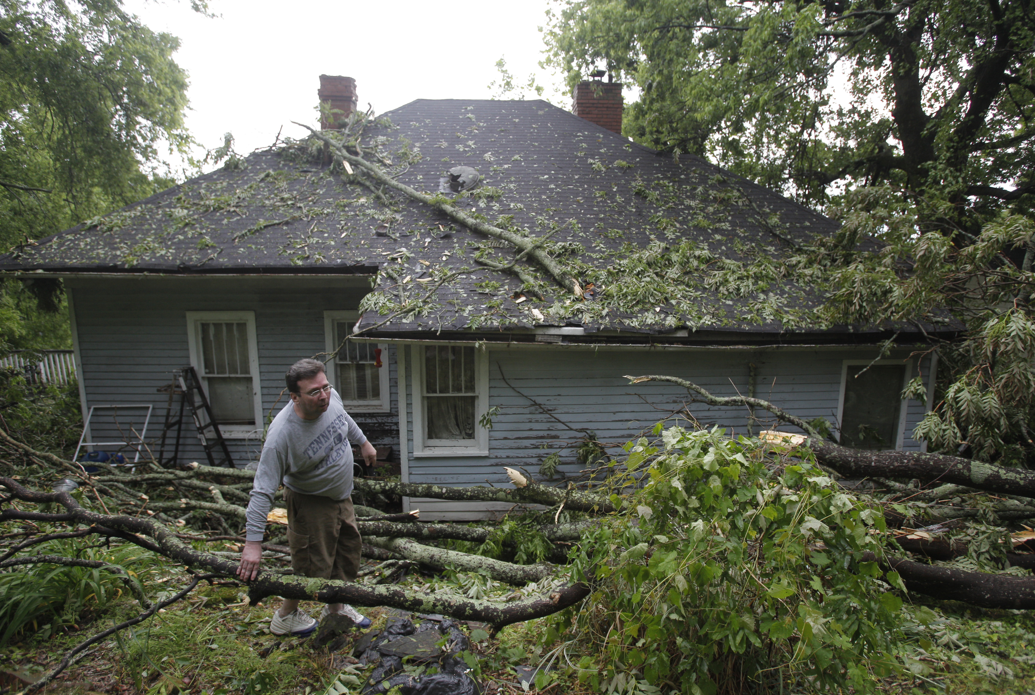 Frank Price {CQ} looks at the damage in his backyard. Trees were felled along Missionary Ridge and Main Street during Wednesday morning's storm.