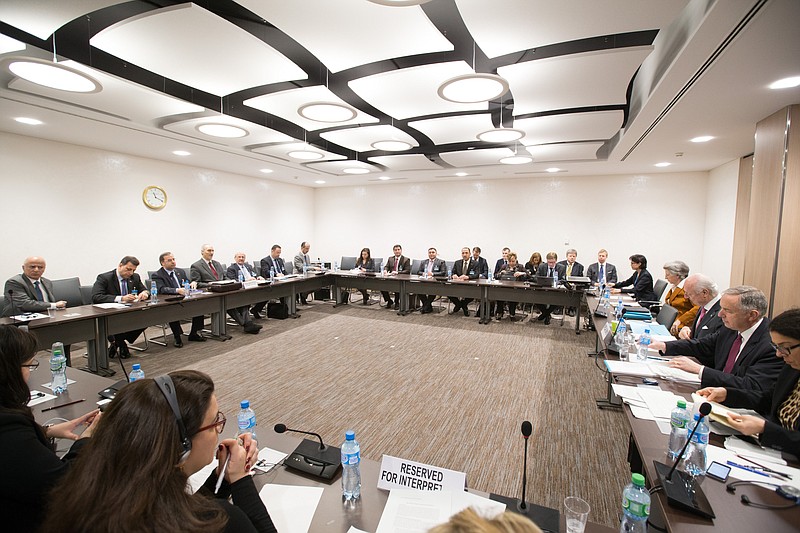 
              A general view of a meeting of Intra-Syria peace talks with Syrian government delegation and UN Syria envoy Staffan de Mistura, third from right, at Palais des Nations in Geneva, Switzerland, Monday, April 25, 2016. (Xu Jinquan/pool photo via AP)
            