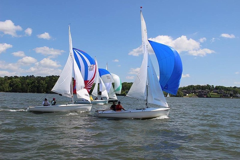 Some Flying Scot sailboats rach the finish line during last weekend's Choo-Choo Regatta hosted by Privateer Yacht Club on Chickamauga Lake.