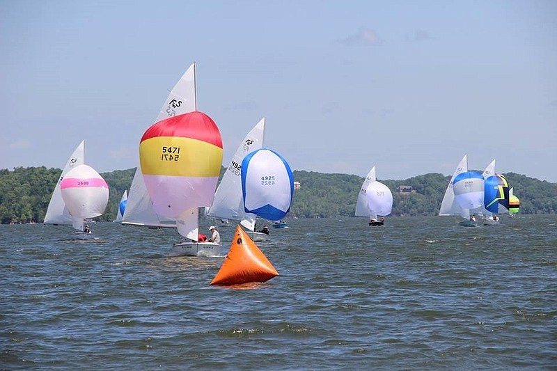 Some Flying Scot sailboats approach a mark during one of the races in last weekend's Choo-Choo regatta hosted by Privateer Yacht Club on Chickamauga Lake.