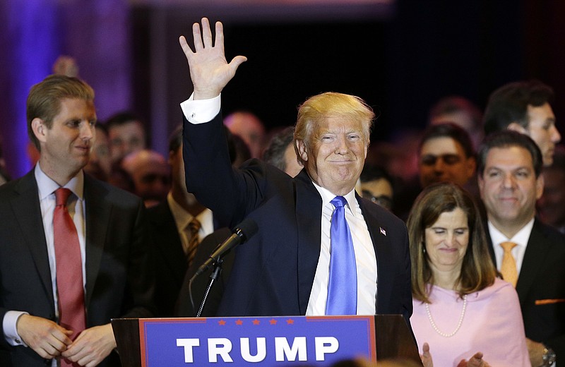 Republican presidential candidate Donald Trump waves after speaking during a primary night event Tuesday, April 26, 2016, in New York.