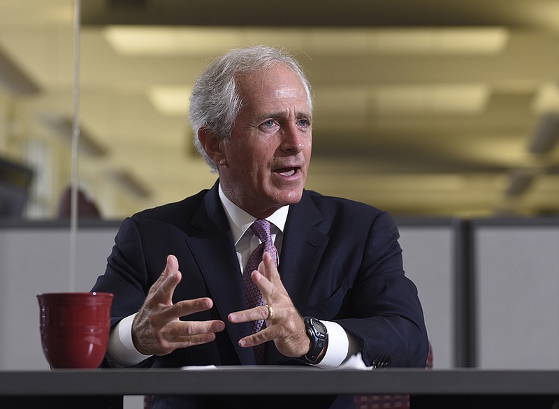 U. S. Senator Bob Corker meets with members of the Chattanooga Time Free Press editorial board Wednesday, Aug. 19, 2015, in Chattanooga, Tenn.