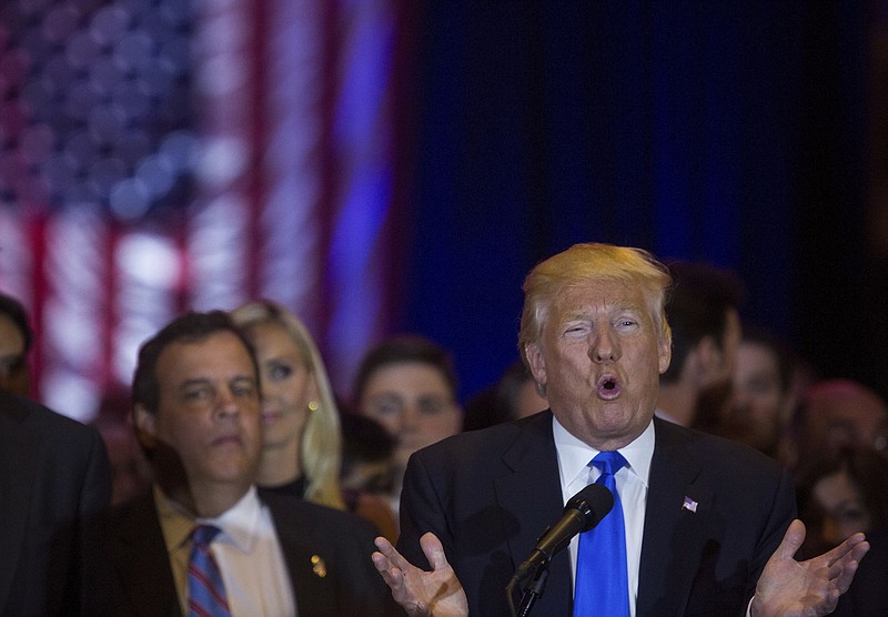 Donald Trump takes questions after he spoke at an event following his wins of Republican presidential primaries in five states, at Trump Tower in New York, April 26, 2016.