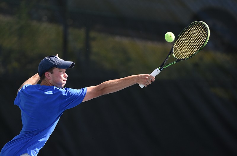 McCallie's Zan Meyer plays in the doubles match Thursday, April 28, 2016 at McCallie.