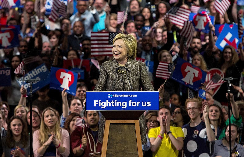 Hillary Clinton speaks at a primary night rally in Philadelphia on Thursday. Victories on Thursday in Pennsylvania, Connecticut, Maryland and Delaware built Clinton's case to shift focus on to the general election.