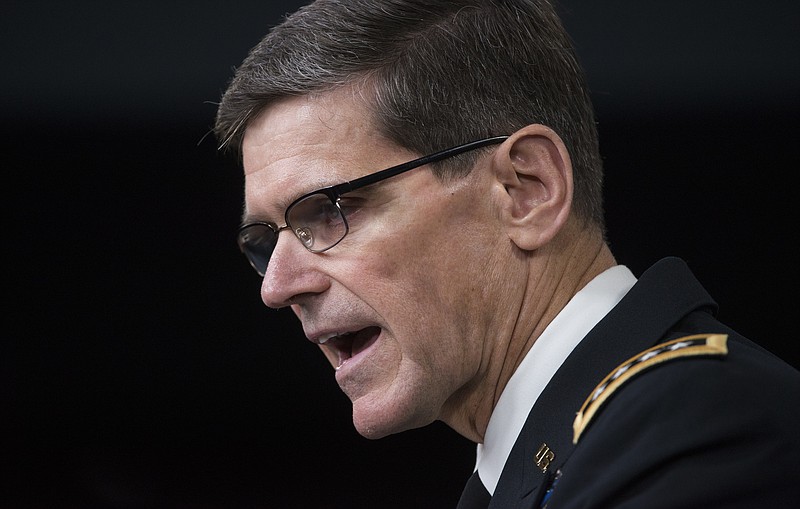 Army Gen. Joseph Votel, Commander of U.S. Central Command, briefs reporters on the release of the investigation into the U.S. airstrike on the Doctors With Borders trauma center in Kunduz, Afghanistan, Friday, April 29, 2016, at the Pentagon. (AP Photo/Molly Riley)