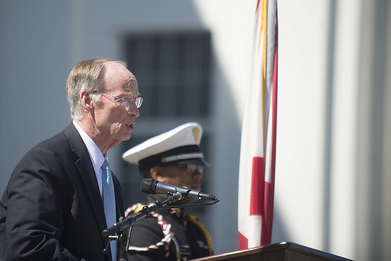 Gov. Robert Bentley speaks during Alabama Community College Day on the Alabama Capitol lawn on Tuesday, April 5, 2016, in Montgomery, Ala.