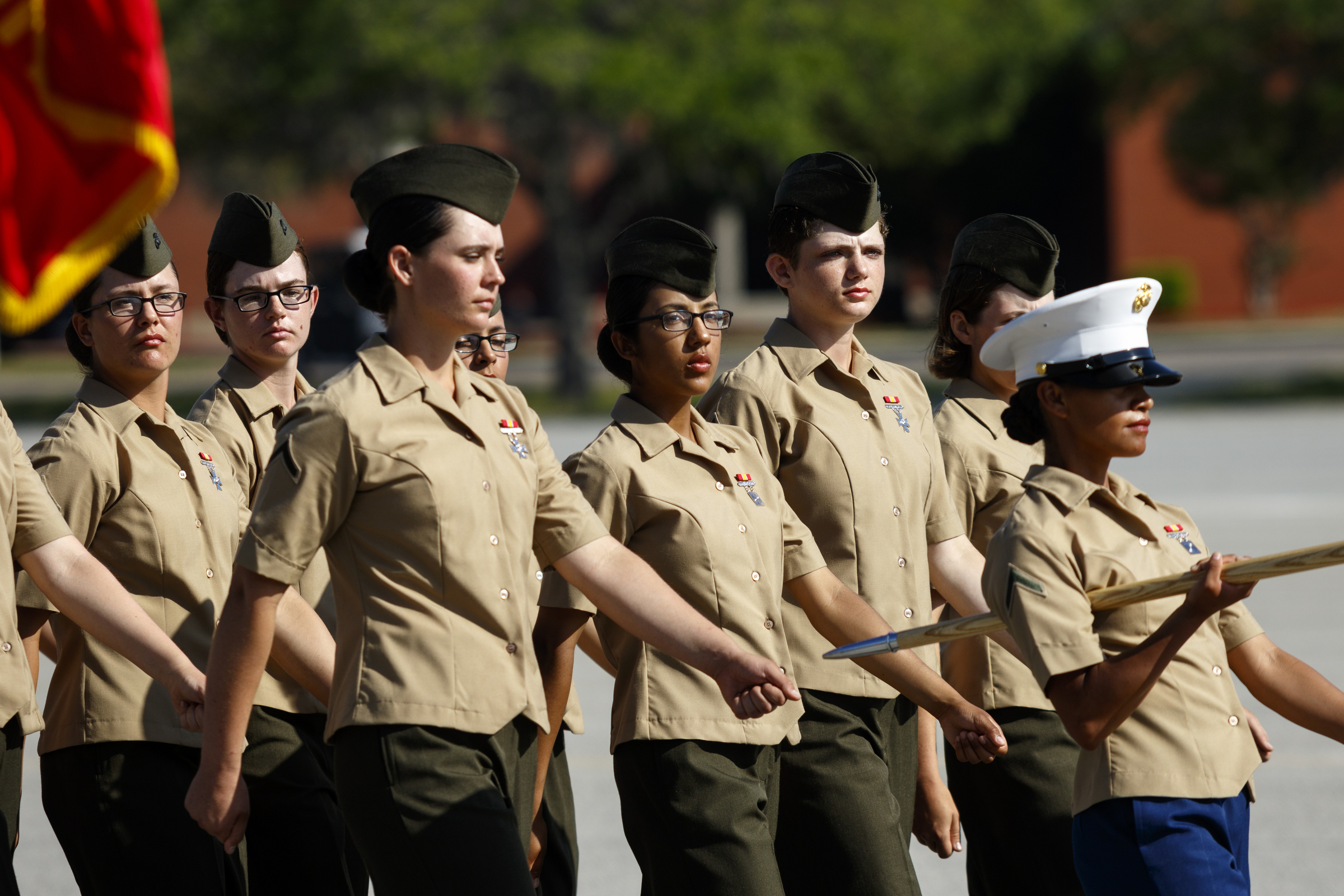 New Marines march in formation in a graduation ceremony at the Marine Corps Recruit Depot on Friday, April 29, 2016, in Parris Island, South Carolina. 379 new Marines graduated from boot camp Friday.