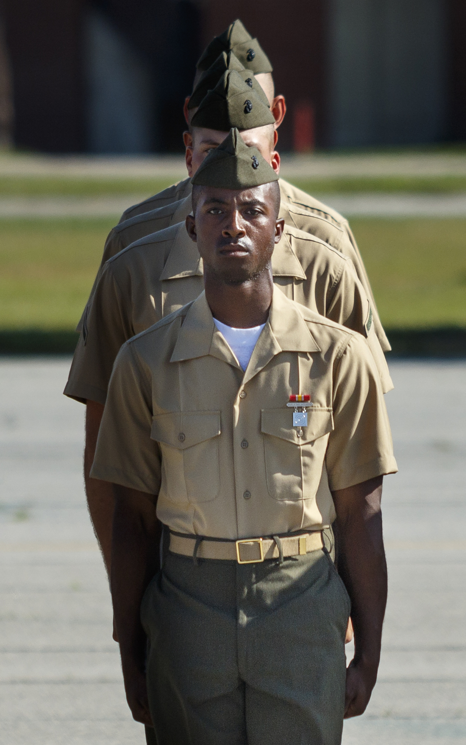 New Marines stand in formation during a graduation ceremony at the Marine Corps Recruit Depot on Friday, April 29, 2016, in Parris Island, South Carolina. 379 new Marines graduated from boot camp Friday.