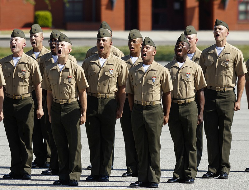 Newly graduated Marines answer their drill instructors as they are released upon their graduation from boot camp at the Marine Corps Recruit Depot on Friday, April 29, 2016, in Parris Island, South Carolina. 379 new Marines graduated from boot camp Friday.