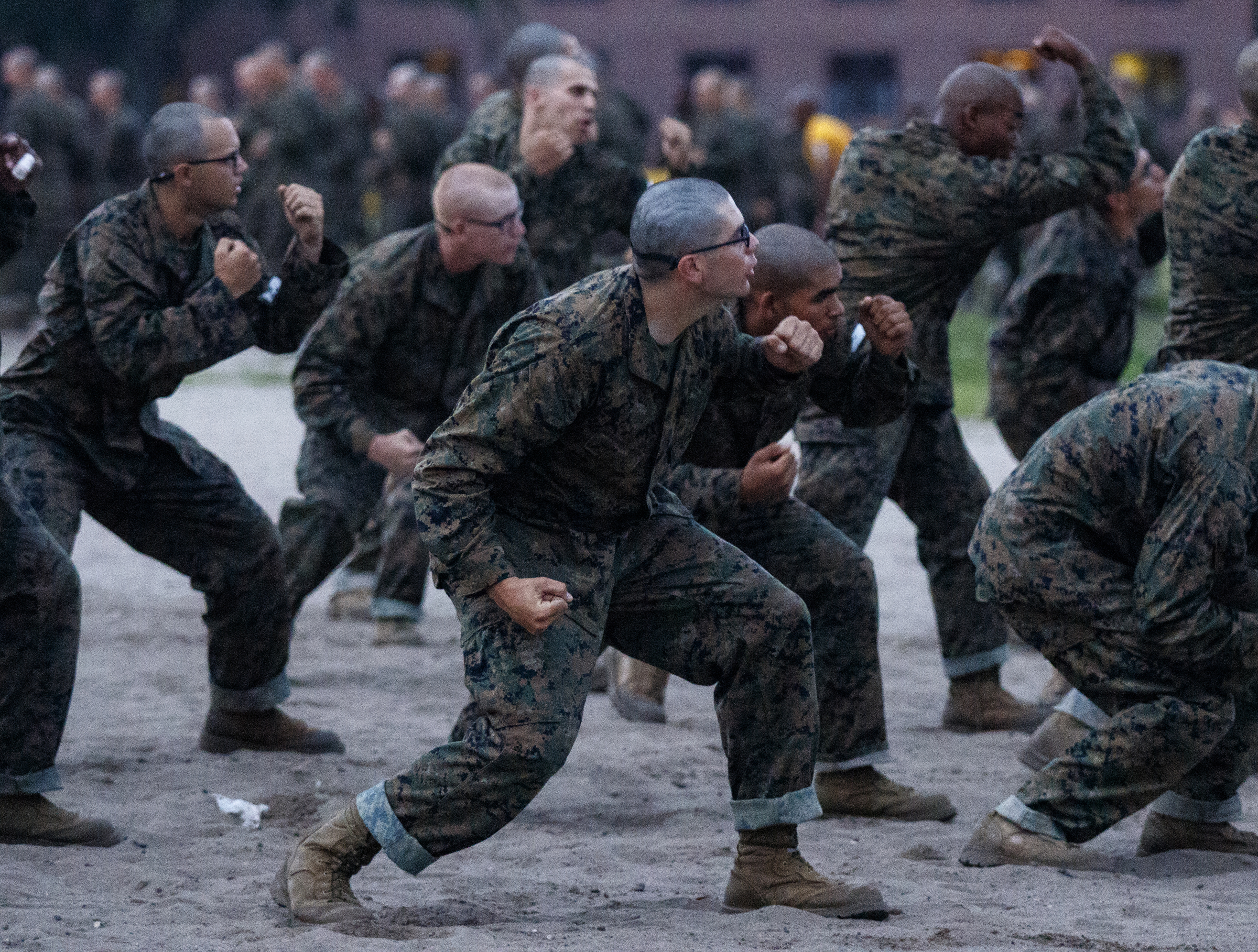 Recruits perform hand-to-hand combat exercises during morning PT at the Marine Corps Recruit Depot on Thursday, April 28, 2016, in Parris Island, South Carolina.