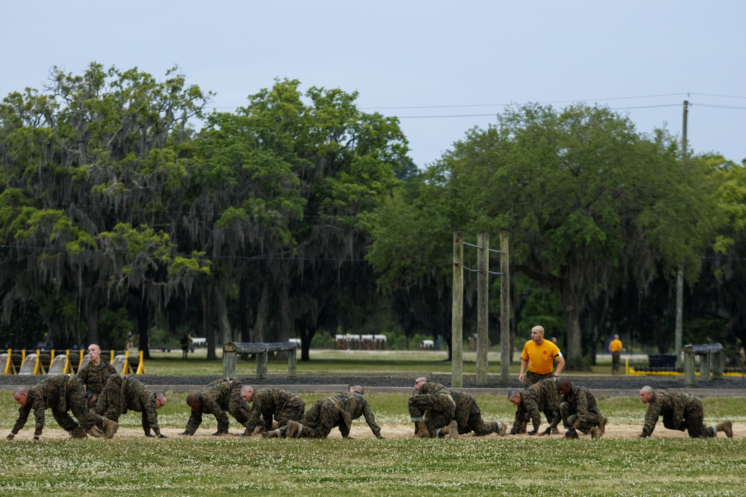 Marine recruits go through morning PT at the Marine Corps Recruit Depot on Thursday, April 28, 2016, in Parris Island, South Carolina.