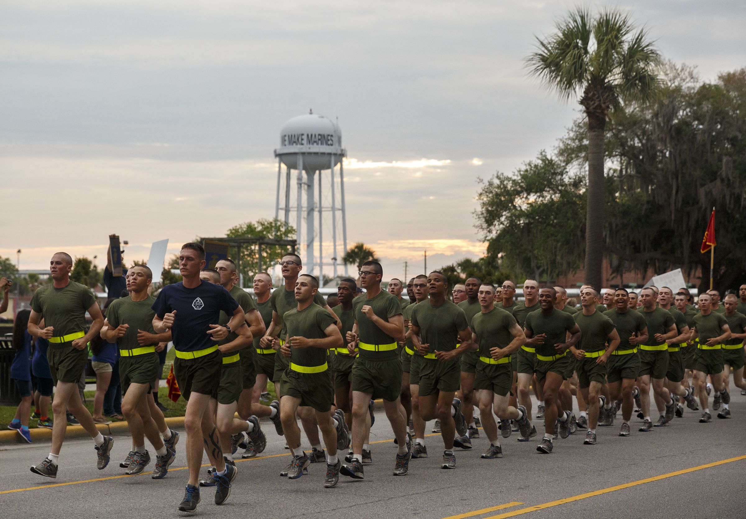 Graduating Marines run past family members on family day at the Marine Corps Recruit Depot on Thursday, April 28, 2016, in Parris Island, South Carolina.