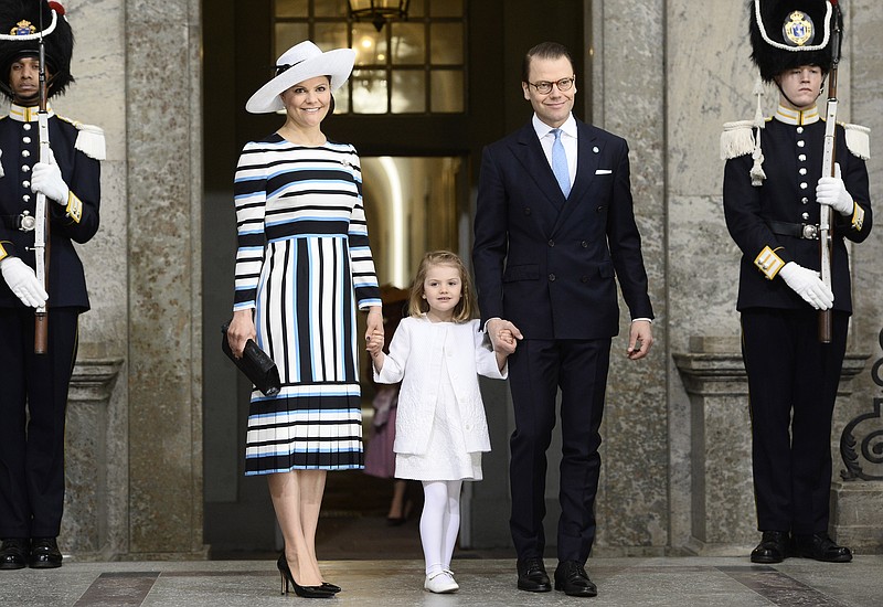 
              Sweden's Crown Princess Victoria, Princess Estelle and Prince Daniel arrive for the Te Deum thanksgiving service in the Royal Chapel, during King Carl XVI Gustaf of Sweden's 70th birthday celebrations, in Stockholm, Sweden, Saturday, April 30, 2016. (Maja Suslin /TT News Agency via AP) SWEDEN OUT
            