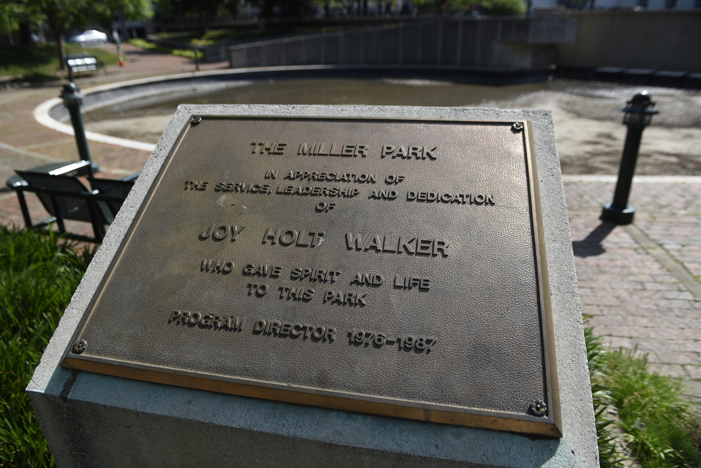 A plaque at Miller Park honoring long-time program director Joy Walker is photographed on Wednesday, Apr. 27, 2016, in Chattanooga, Tenn.