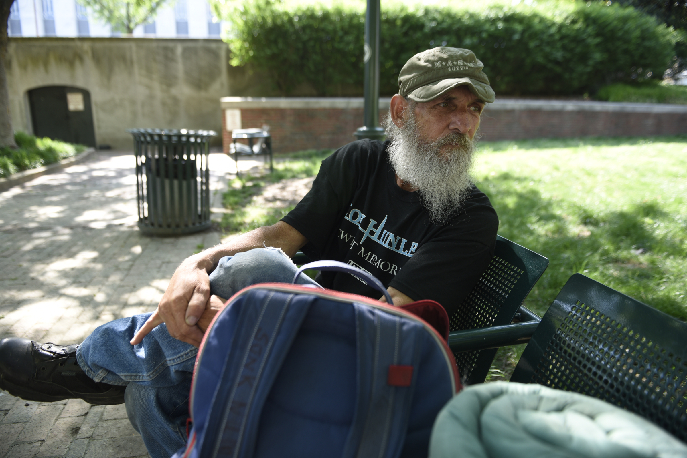 Calvin Sprik is photographed at Miller Park on Wednesday, Apr. 27, 2016, in Chattanooga, Tenn. He is homeless, and often comes to the park for a free meal.