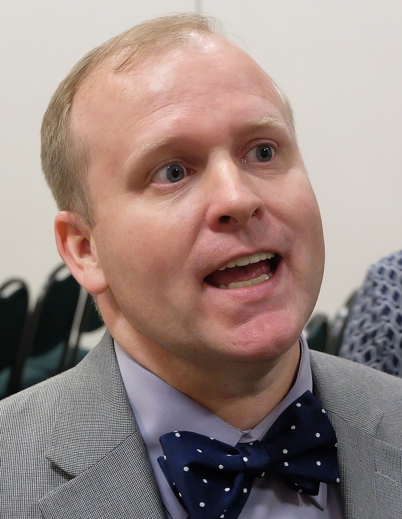 Georgia House District 3 candidate Jeremy Jones is introduced to by Catoosa County chairman Monday night at the Colonnade in Ringgold. Jones was the only one of three to attend the meeting.