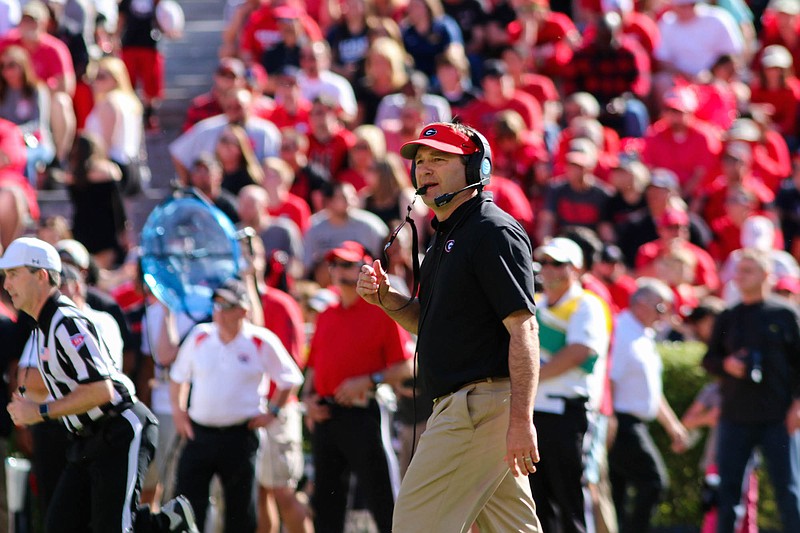 Georgia head coach Kirby Smart during the Bulldogs' G-Day spring football game on Saturday, April 16, 2016 in Athens, Ga. (Photo by Emily Selby)