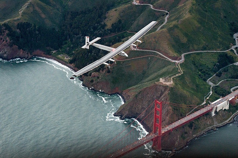 
              FILE - In this April 23, 2016 file photo, Solar Impulse 2 flies over the Golden Gate Bridge in San Francisco at the end of its journey from Hawaii, part of its attempt to circumnavigate the globe. The next leg of the solar-powered around-the-world flight is scheduled to start from Mountain View, Calif., Monday, May 2, 2016, at 5 a.m. PDT, bound for Phoenix.(AP Photo/Noah Berger, File)
            