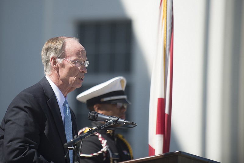 Gov. Robert Bentley speaks during Alabama Community College Day on the Alabama Capitol lawn on Tuesday, April 5, 2016, in Montgomery, Ala. Republican Rep. Ed Henry says he is filing an impeachment resolution against Gov. Bentley in the wake of a scandal involving one of the governor's top aides, who has since resigned. The resolution will likely be sent to the House Rules Committee for consideration. (Albert Cesare/Montgomery Advertiser via AP)