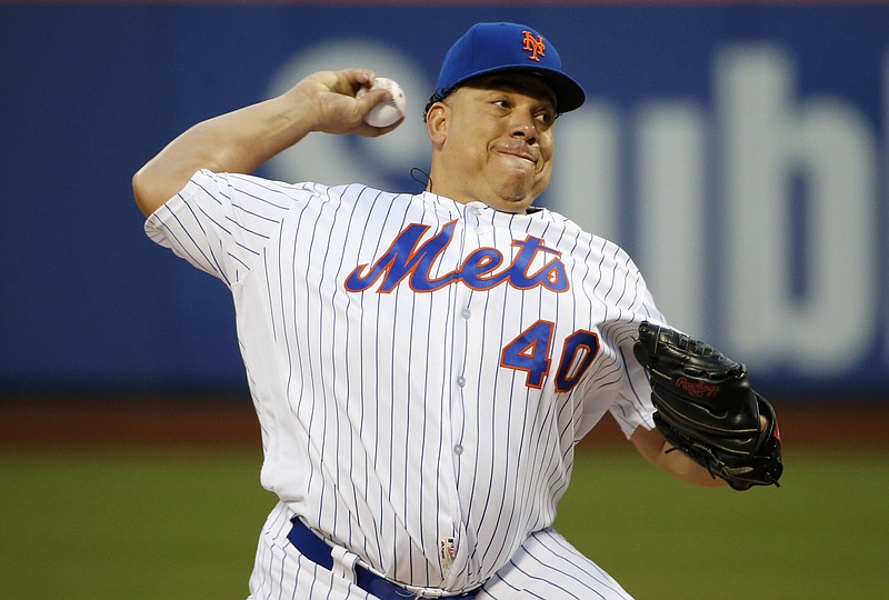 New York Mets starting pitcher Bartolo Colon delivers during the first inning of a baseball gam against the Atlanta Braves on Monday, May 2, 2016, in New York.