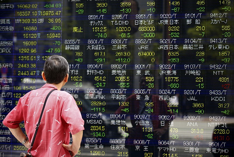 
              A man looks at an electronic stock indicator of a securities firm in Tokyo, Monday, May 2, 2016. Asian stock markets fell Monday as investors displayed their disappointment over the lack of further stimulus from Japan's central bank. The surge in the Japanese yen and a bleak outcome from a monthly factory managers' survey did little to lighten the gloom. (AP Photo/Shizuo Kambayashi)
            