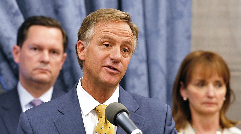 Gov. Bill Haslam, center, announces the creation of a task force to propose ways to improve access to health care in Tennessee Tuesday, April 12, 2016, in Nashville. House Speaker Beth Harwell, R-Nashville, right, said she began conversations with health policy experts at Vanderbilt University's medical school after lawmakers rejected the Insure Tennessee proposal last year by Haslam. At left is Rep. Cameron Sexton, R-Crossville.